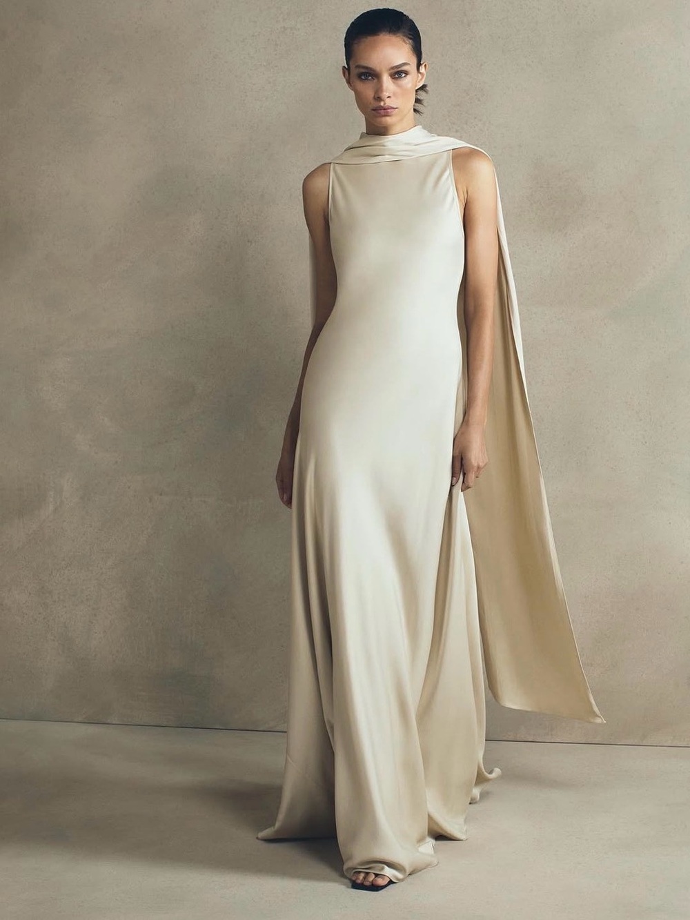Reiss Fae Satin Cape Maxi dress champagne UK4/US0 - Picture 1 of 11